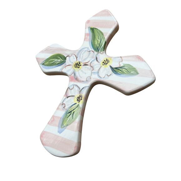 CERAMIC CROSS with Dogwood Blossoms & Pink Stripes/Wall Art Ready to Hang - Picture 6 of 10